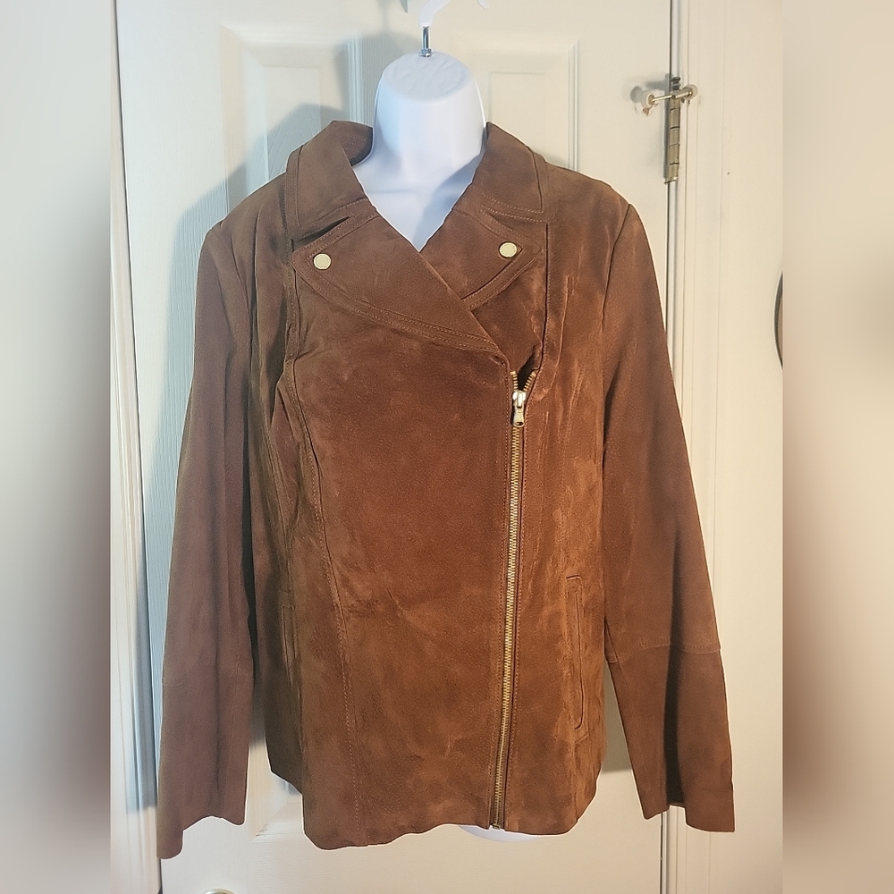 Isaac Mizrahi Brown Suede Moto Zip Jacket NWOT Size 16